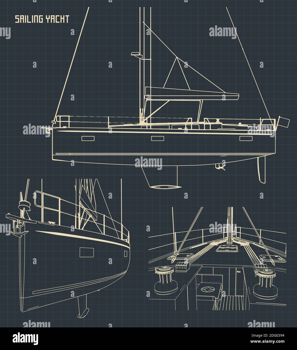 Stylized vector illustration of blueprints of a sailing yacht Stock ...