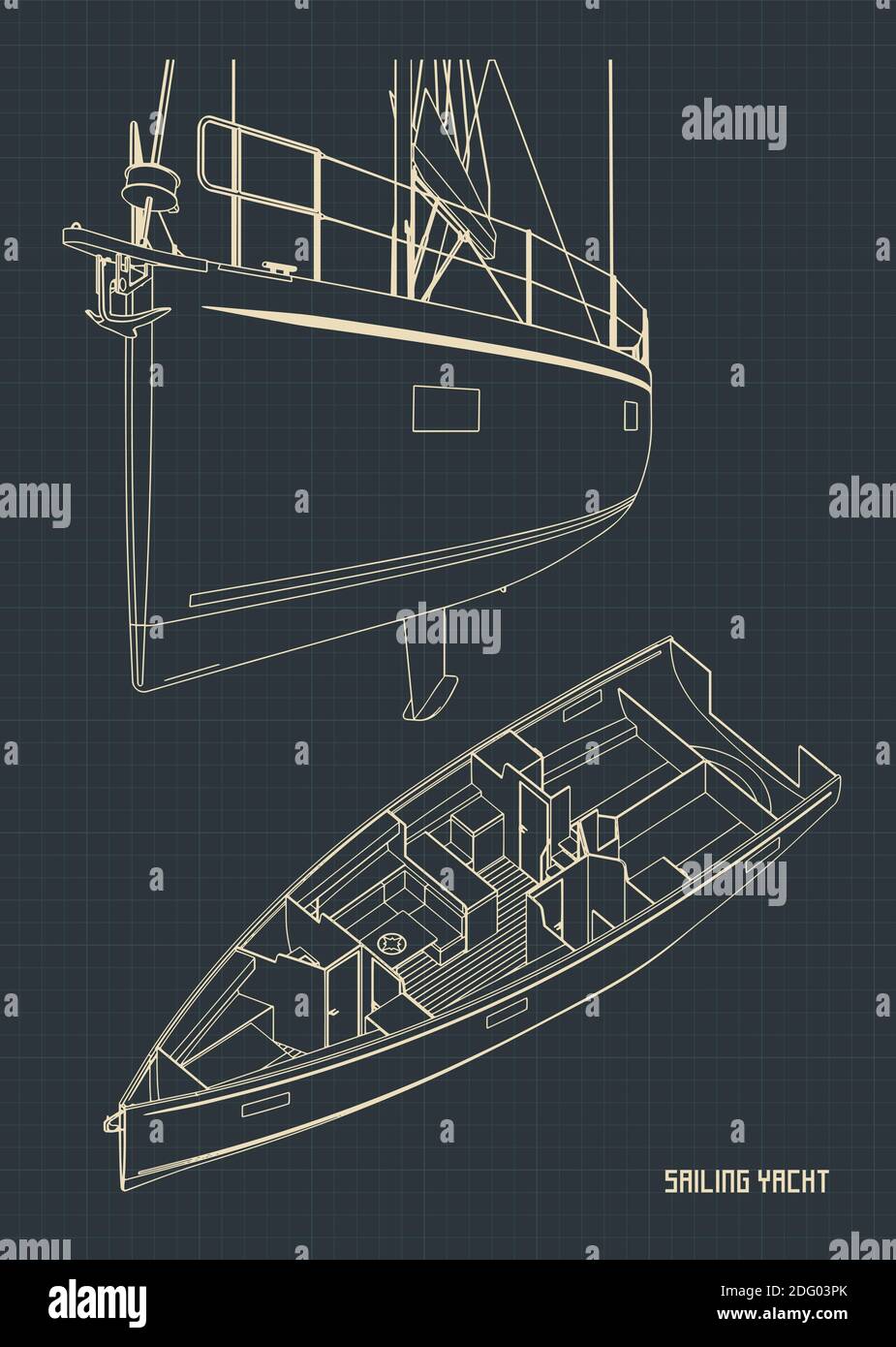 Vector illustration of outline sailing yacht and structure of its