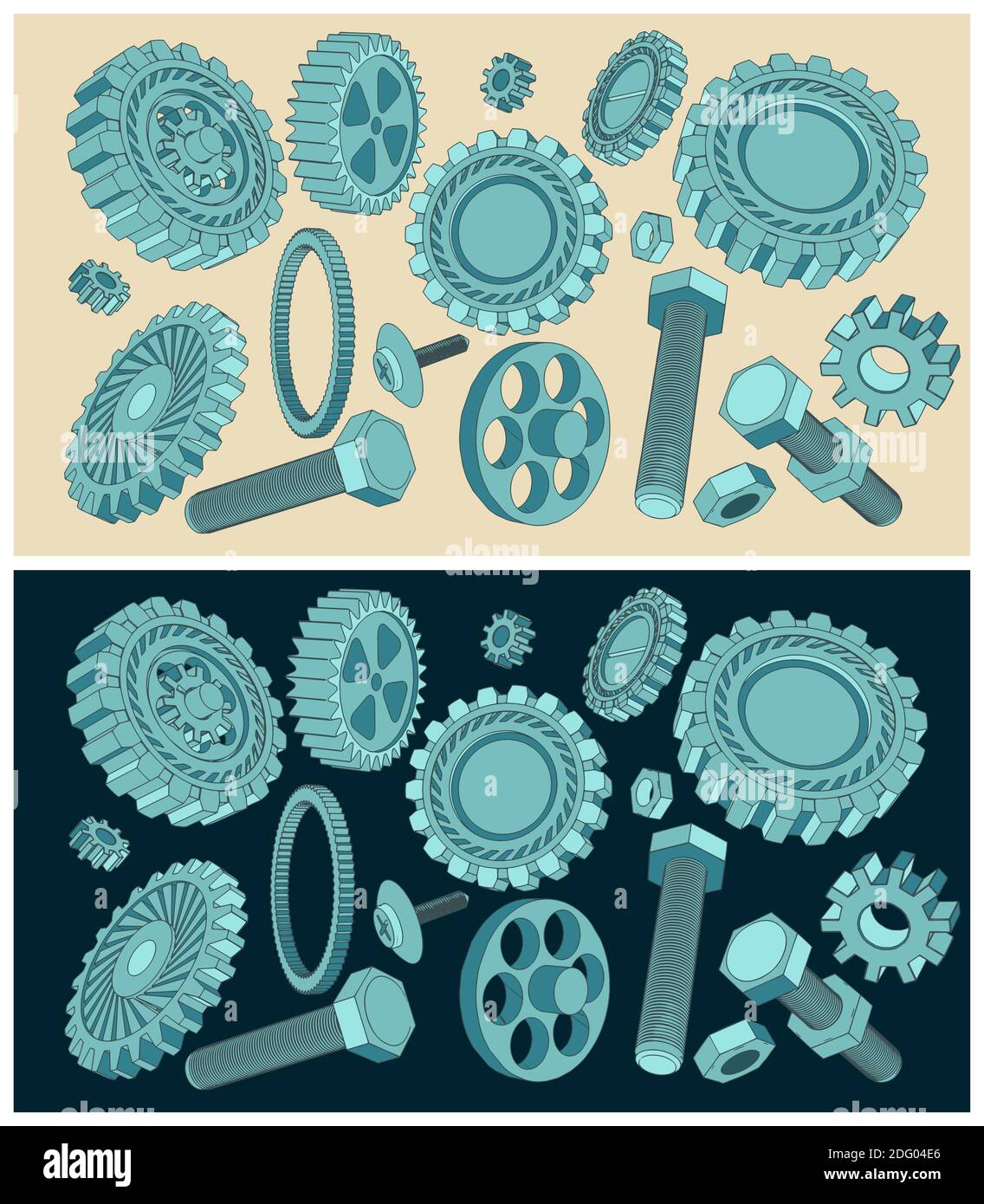 Stylized vector illustration set of various gears, washers, bolts and