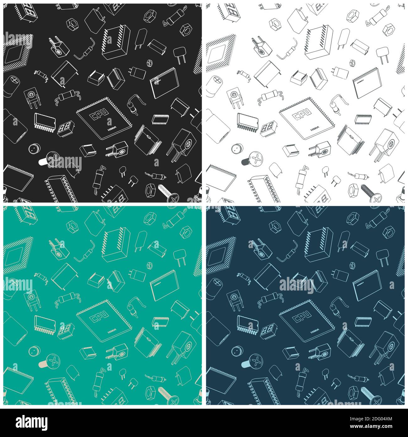 Stylized seamless in all directions illustrations of electronic components and circuitry. Stock Vector