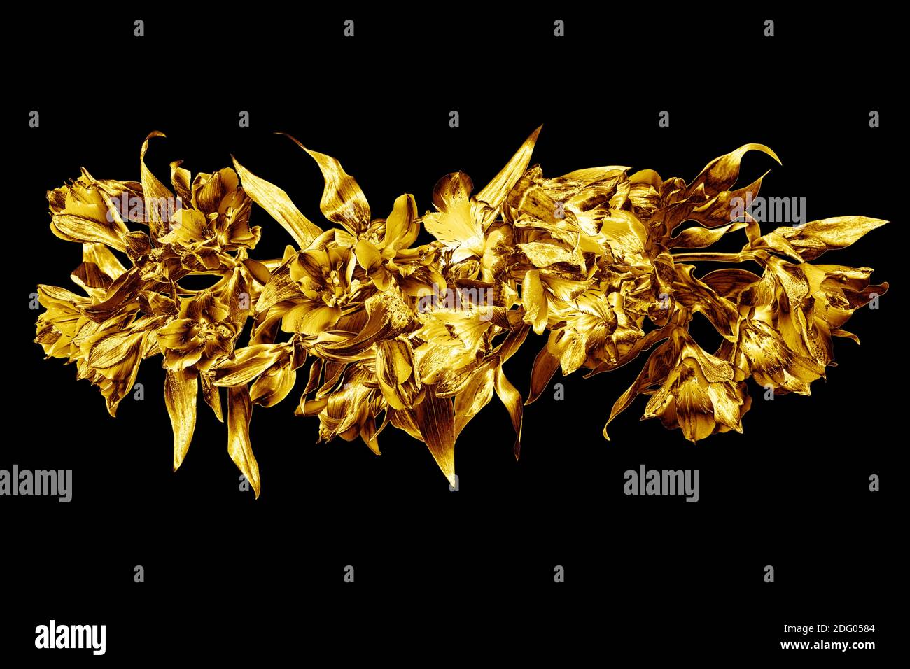 Golden flowers bouquet black background isolated closeup, gold lily