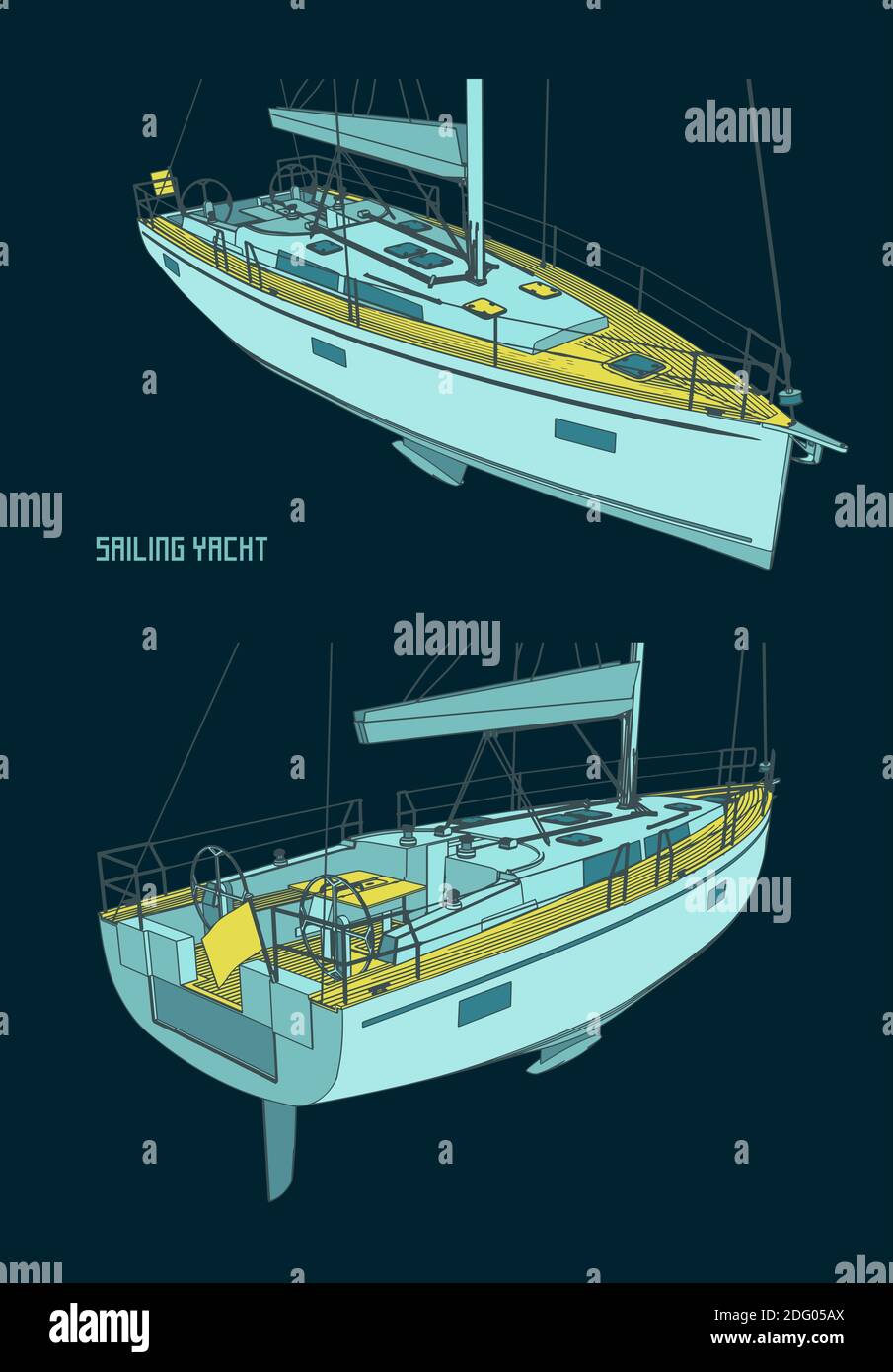 Stylized vector illustration of color blueprints of a sailing yacht ...