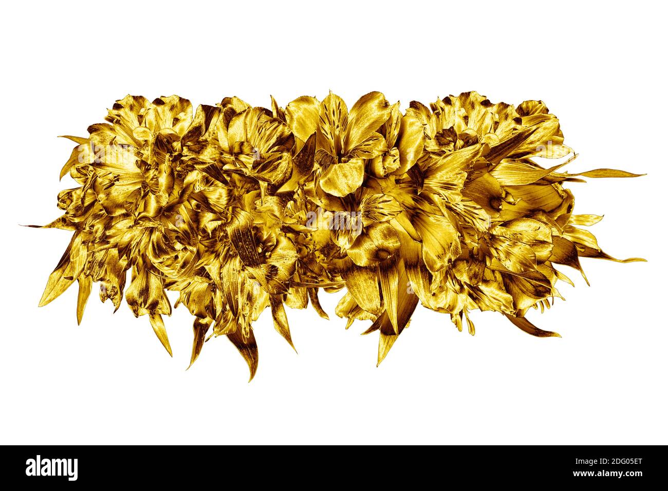 Golden flowers bouquet white background isolated closeup, gold lily flower bunch, shiny yellow