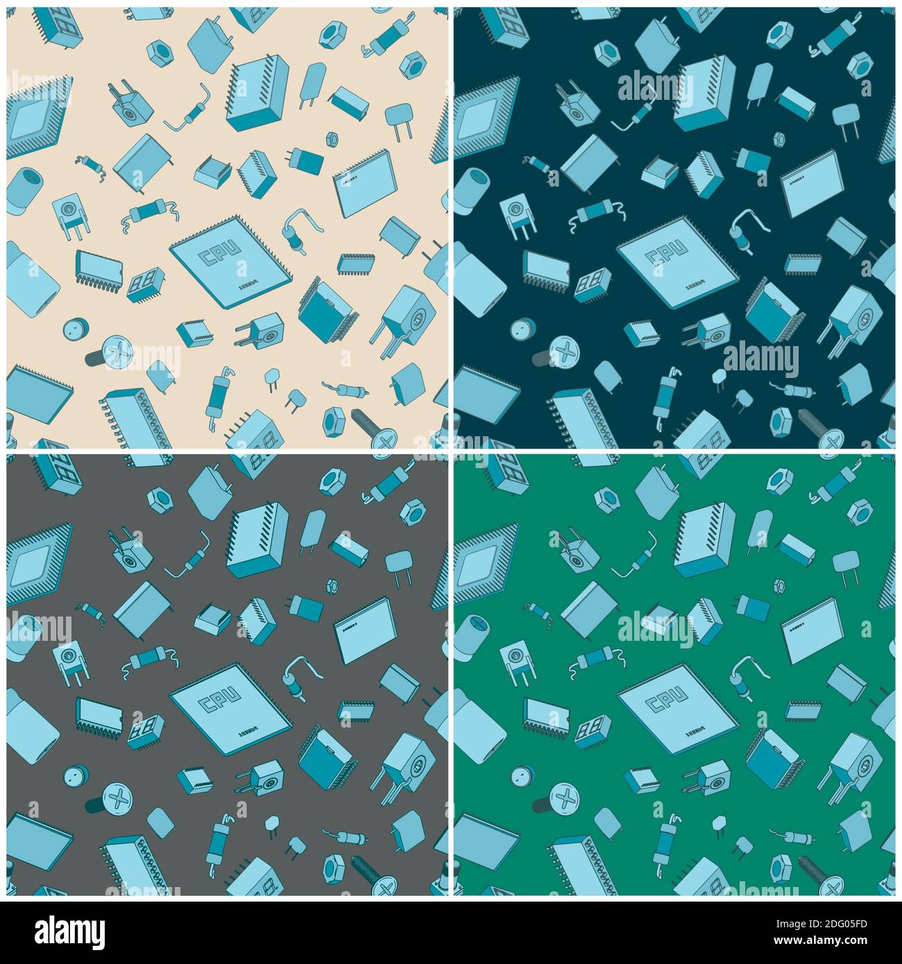 Stylized seamless in all directions illustrations of electronic components and circuitry. Stock Vector