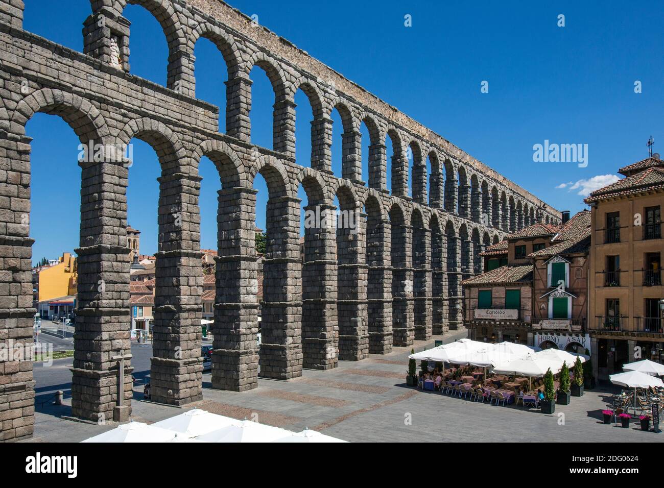 The Roman Aqueduct in the city of Segovia in the central Spain. UNESCO World Heritage Site. Stock Photo