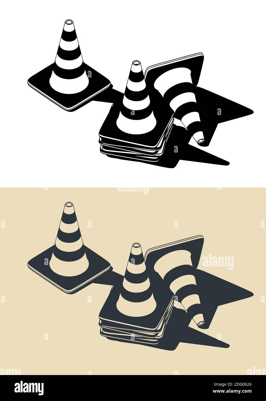Stylized vector color illustrations of traffic cones drawings Stock