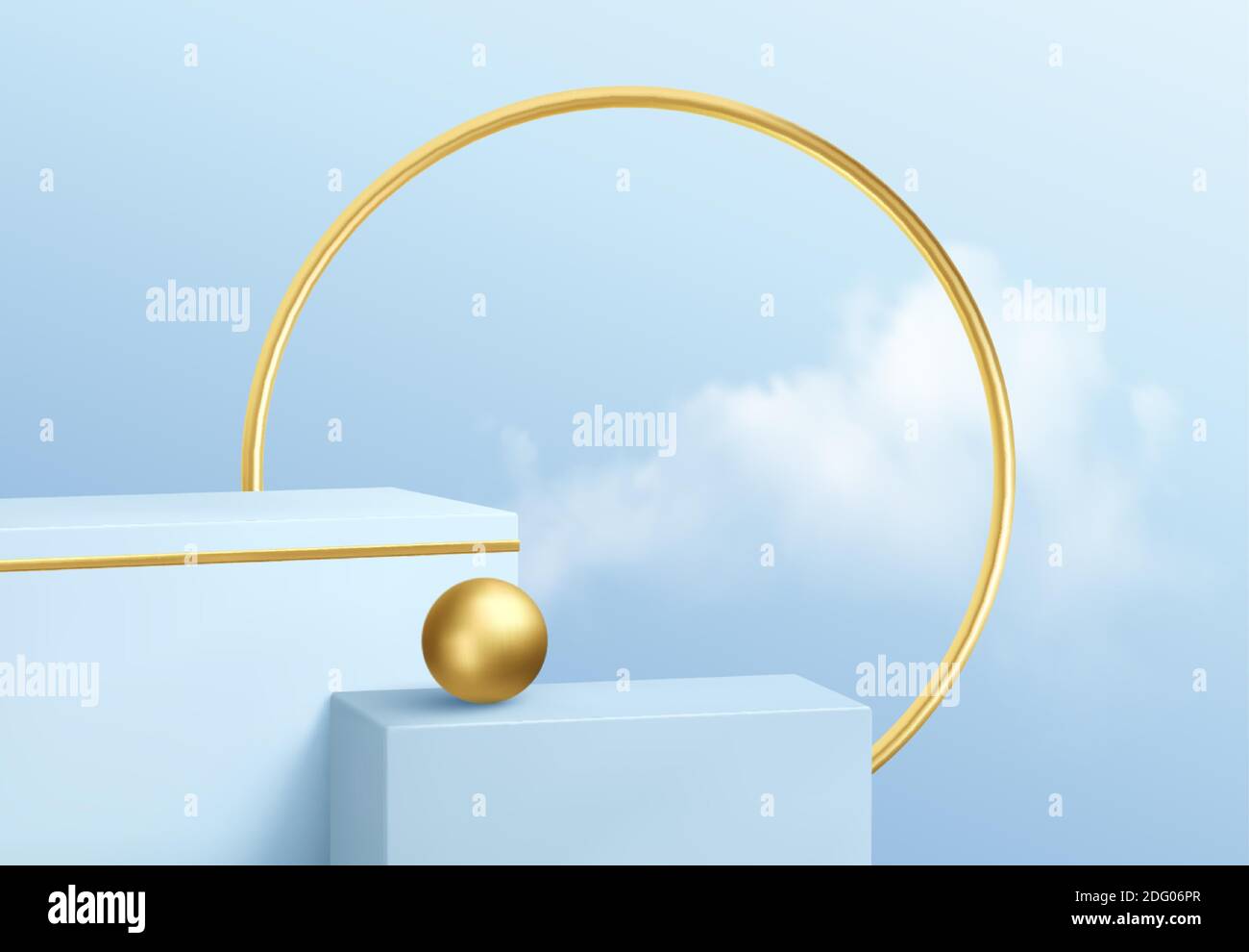Blue product podium showcase on the background of clear sky with clouds and gold decoration. Podium show cosmetic product 3d realistic Vector Stock Vector