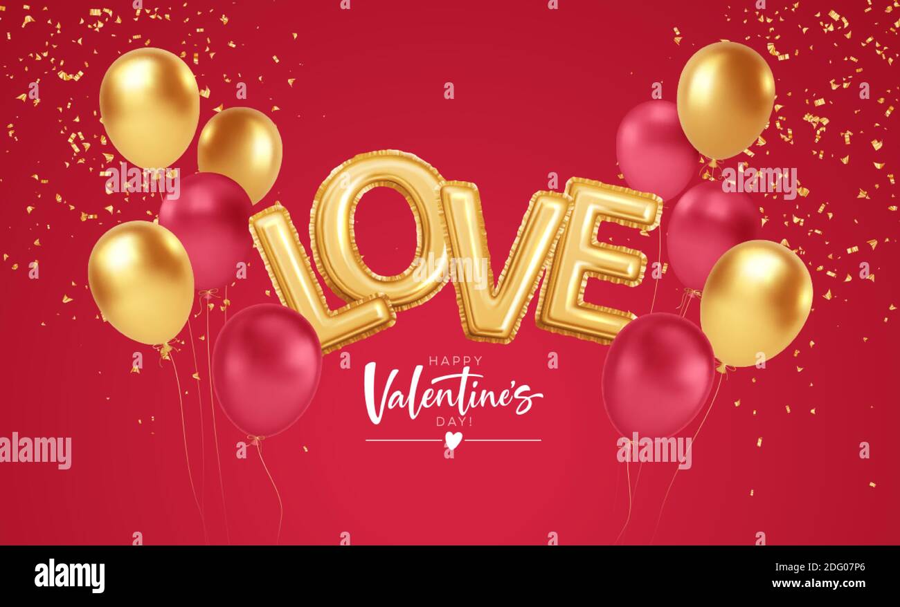 Happy Valentines Day gold and red balloons with the inscription love ...
