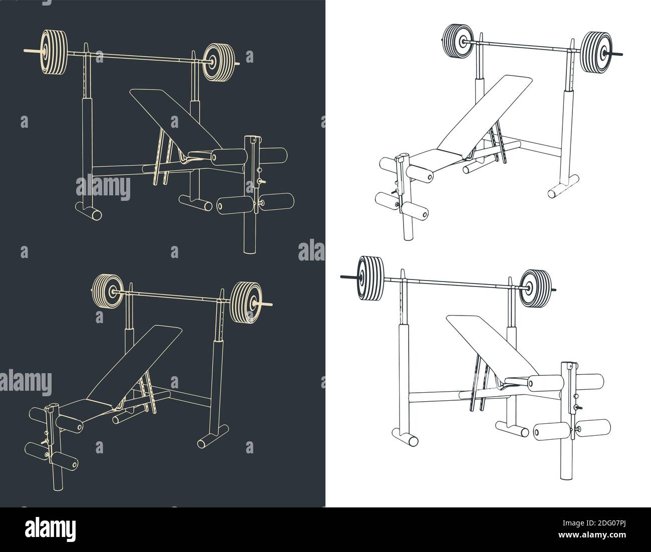 Stylized vector illustration drawings of benches for bench press with