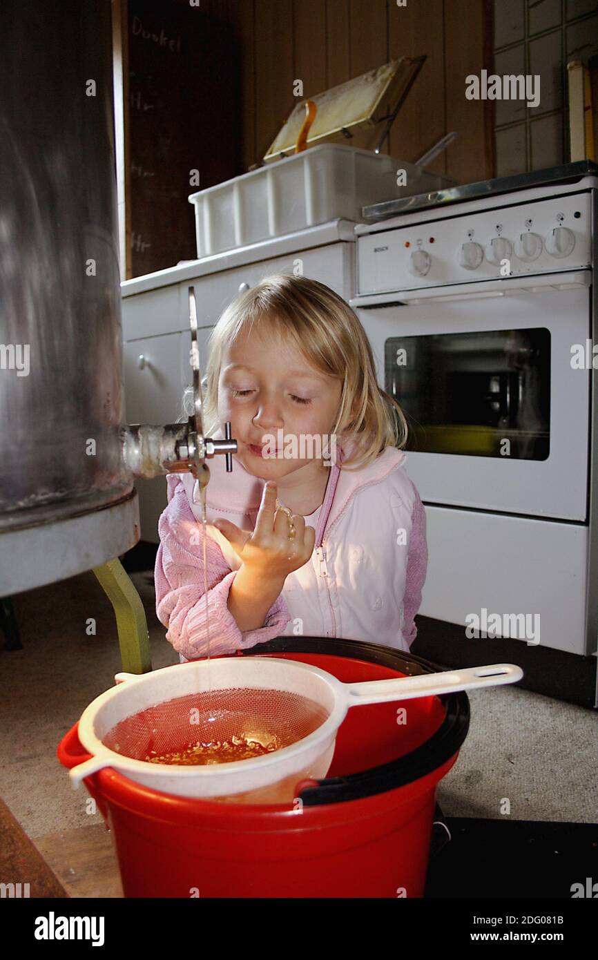 Little girl is nibbling honeypot Stock Photo