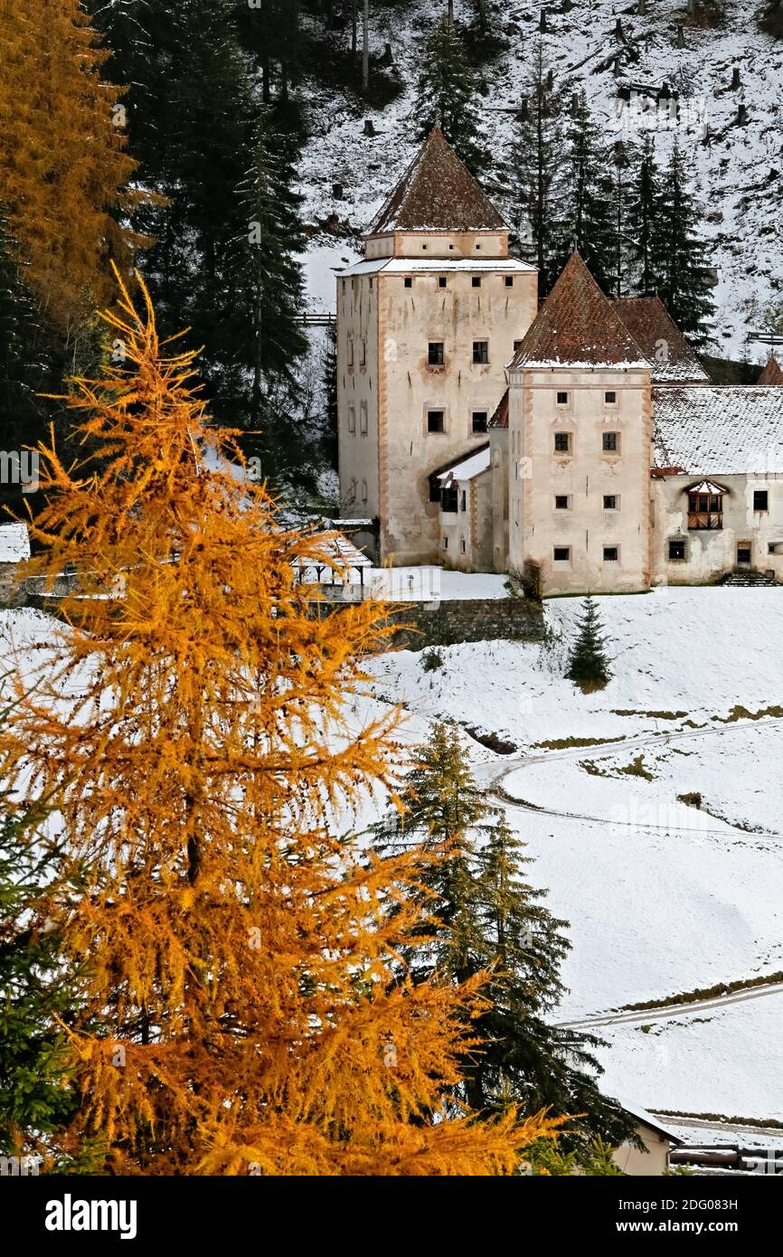 Gardena castle in autumn. It was built in 1641 in the Renaissance style. Santa Cristina Valgardena, Gardena Valley, South Tyrol, Italy. Stock Photo