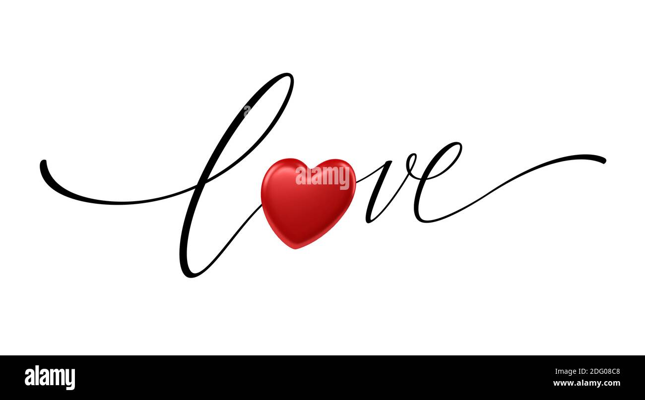 Happy Valentines Day lettering love with realistic shiny red heart ...