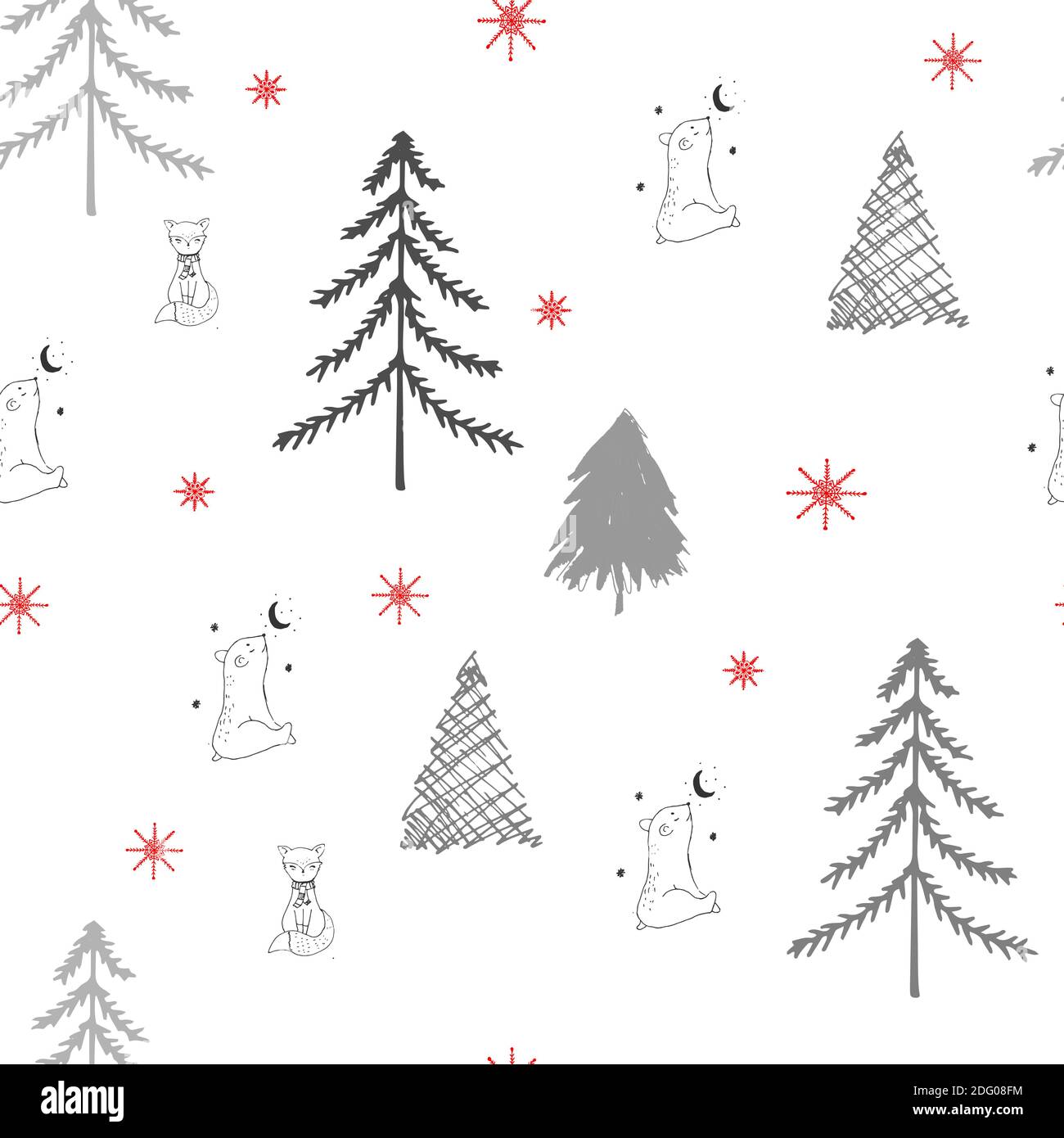 Seamless pattern,forest with trees, under the tree bear and fox ,gray trees on a white background Stock Vector