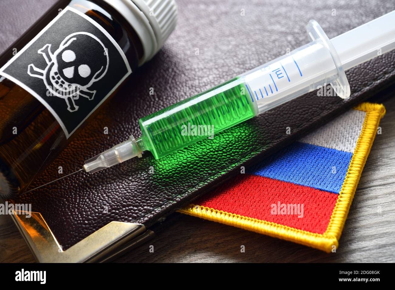 Poison, Syringe And Russian Flag, Novichok Poison Attack Stock Photo