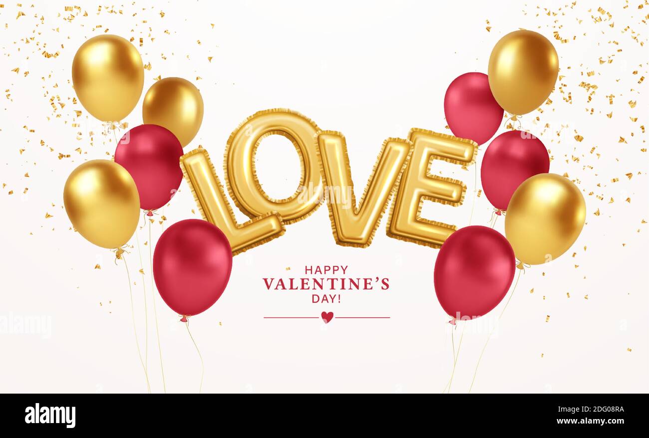 Happy Valentines Day gold and red balloons with the inscription love from gold foil helium balloons. For festive design of flyer, poster, card, banner Stock Vector