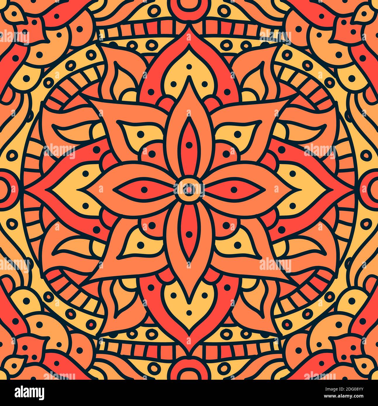 Indian mandala pattern seamless vector design. Vector seamless pattern for fabrique. Oriental abstract orange floral print. Stock Vector