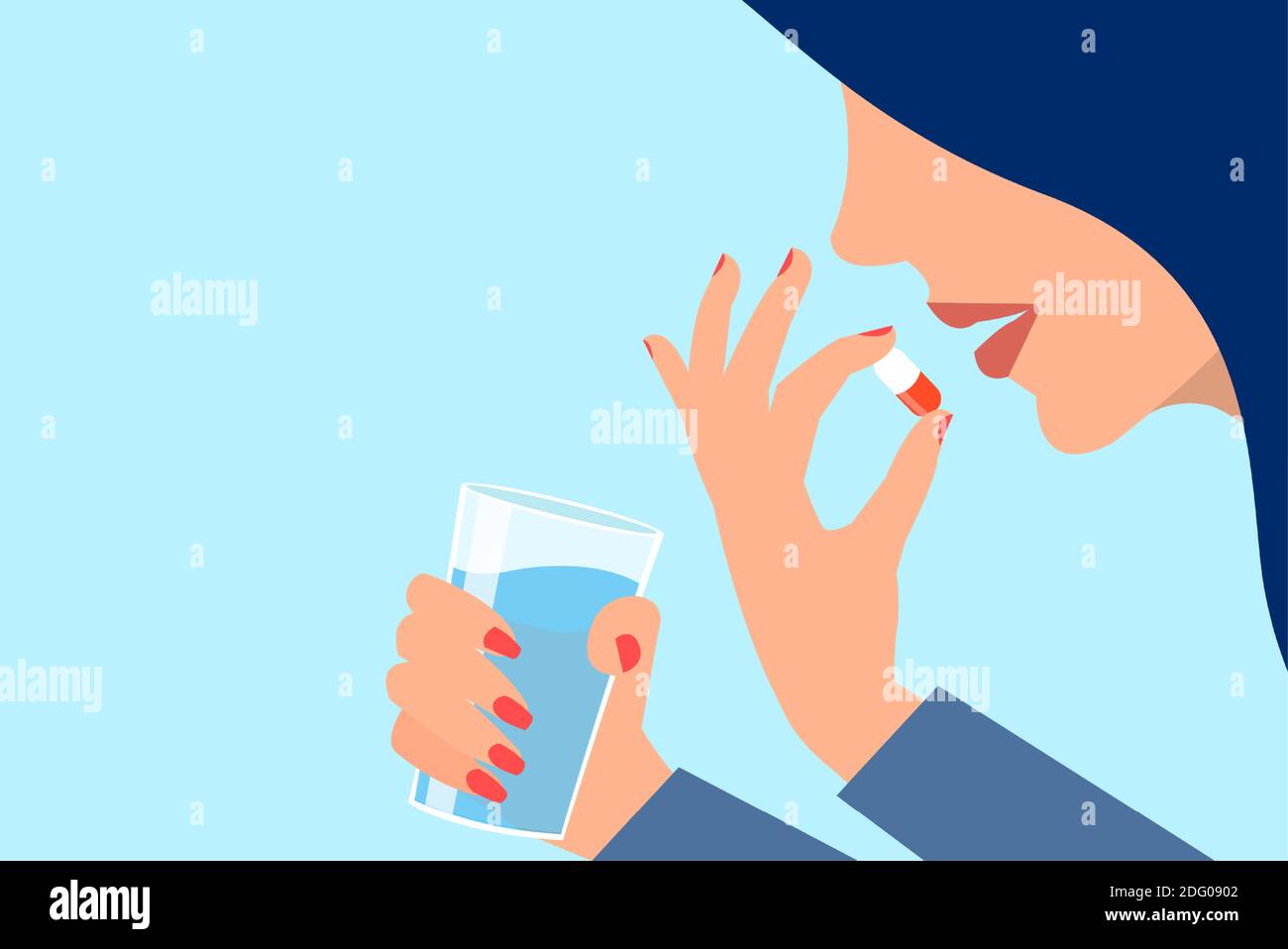Vector of a young woman taking her pills with glass of water Stock Vector