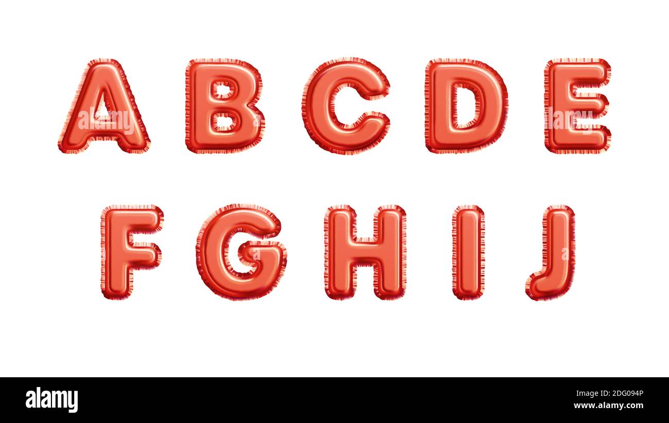 Realistic red gold metallic foil balloons alphabet isolated on white background. A B C D E F G H I J letters of the alphabet. Vector illustration Stock Vector