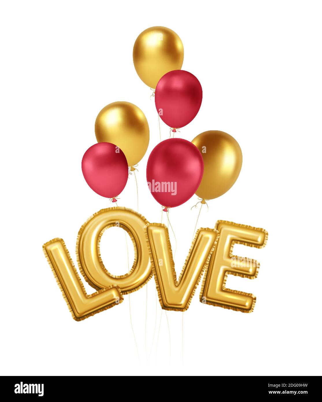 Happy Valentines Day gold and red balloons with the inscription love from gold foil helium balloons. For festive design of flyer, poster, card, banner Stock Vector