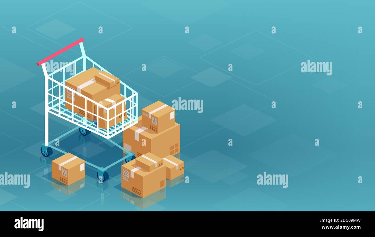 Vector of cardboard boxes and shopping cart on blue background Stock ...