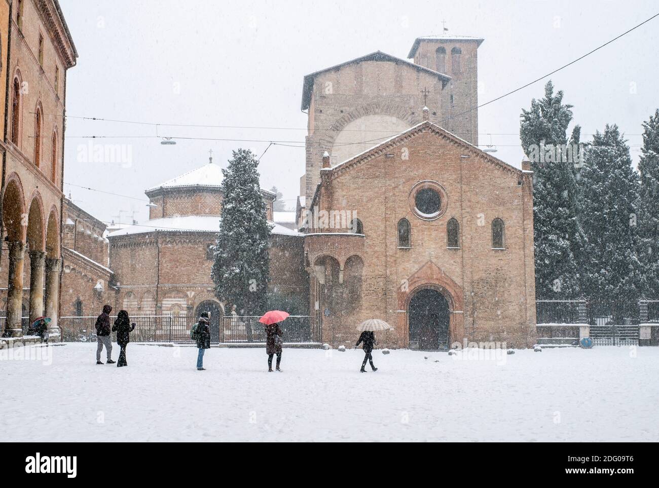Snow falling on the Basilica di Santo Stefano, Bologna, Italy Stock