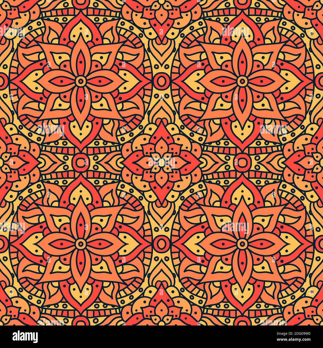 Indian mandala pattern seamless vector design. Vector seamless pattern for fabrique. Oriental abstract orange floral print. Stock Vector