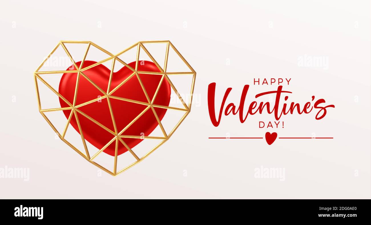 Valentines day template design with red heart and gold low poly heart ...
