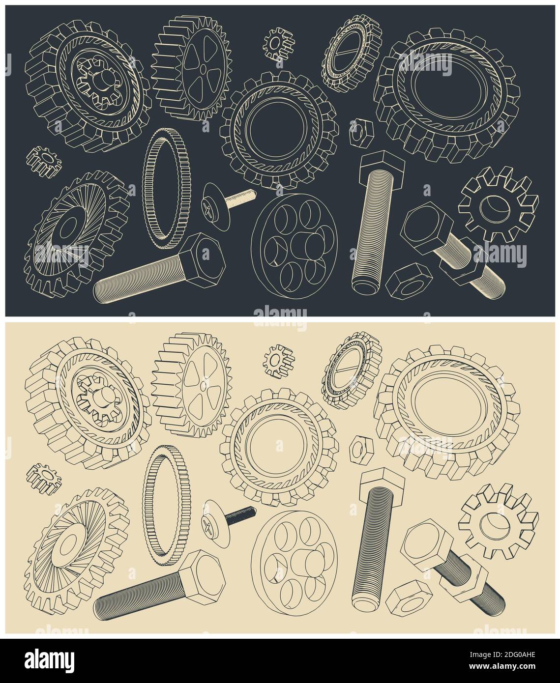 Stylized vector illustration set of various gears, washers, bolts and
