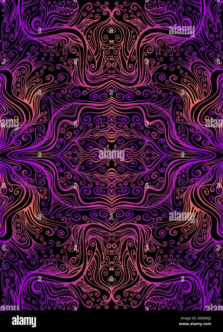 Vintage Psychedelic Trippy Colorful Fractal Pattern Gradient Outline Neon Purple Orange Colors Isolated On Black Decorative Surreal Abstract Curly Stock Vector Image Art Alamy