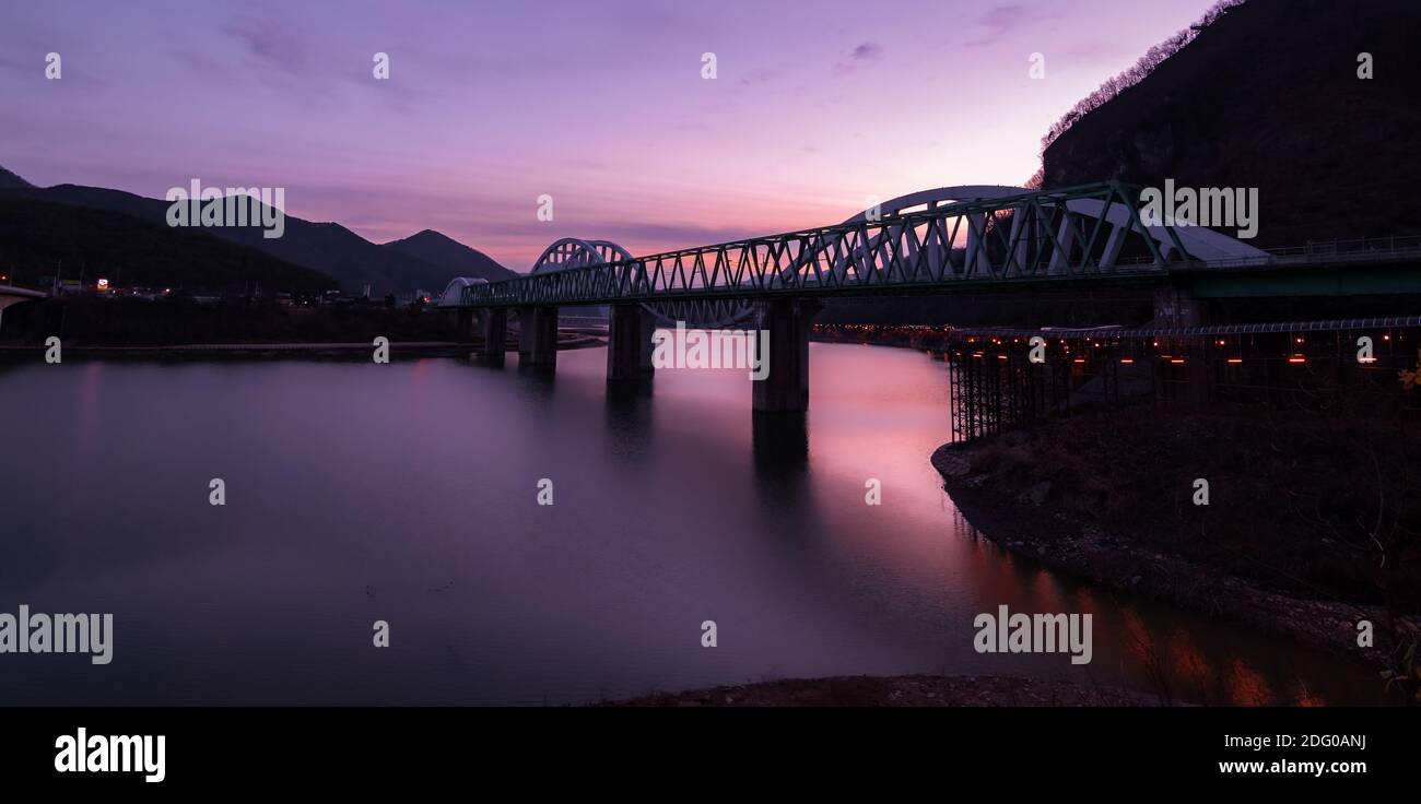 Evening view of bridge over creek in Danyang, South Korea. Stock Photo