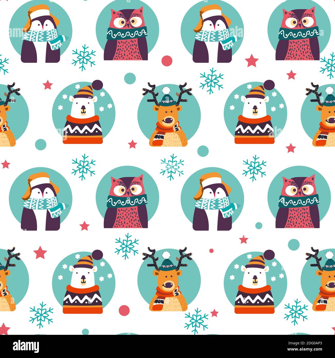 Xmas animal characters, bear and deer pattern Stock Vector