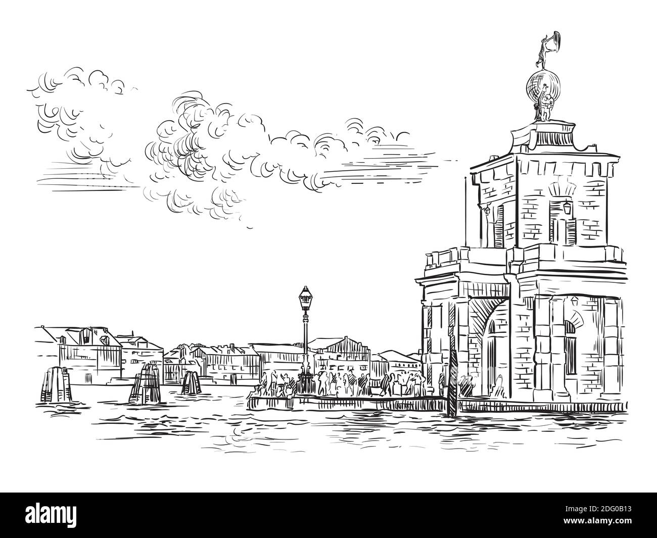 Vector hand drawing sketch illustration of Della Dogane Punta in Venice. Venice skyline hand drawn sketch in black color isolated on white background. Stock Vector