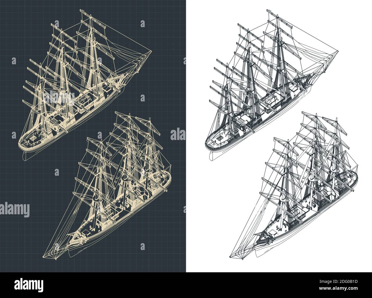 Stylized vector illustration of a large three-masted sailing ship isometric drawings with the sails down Stock Vector