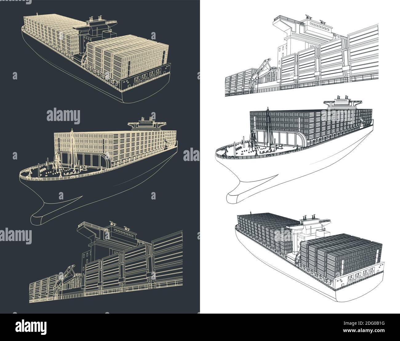 Stylized vector illustration of a large container ship drawings Stock Vector