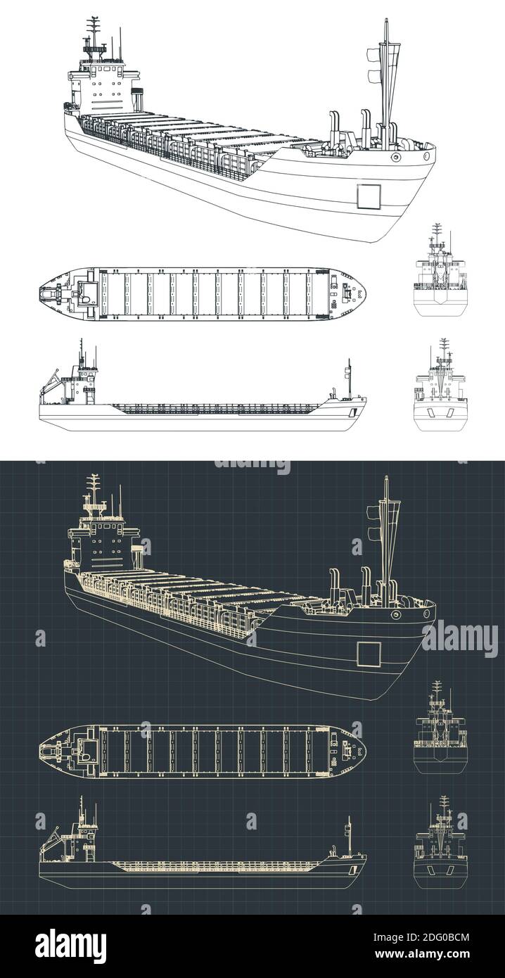 Stylized vector illustration of a dry cargo ship drawings Stock Vector