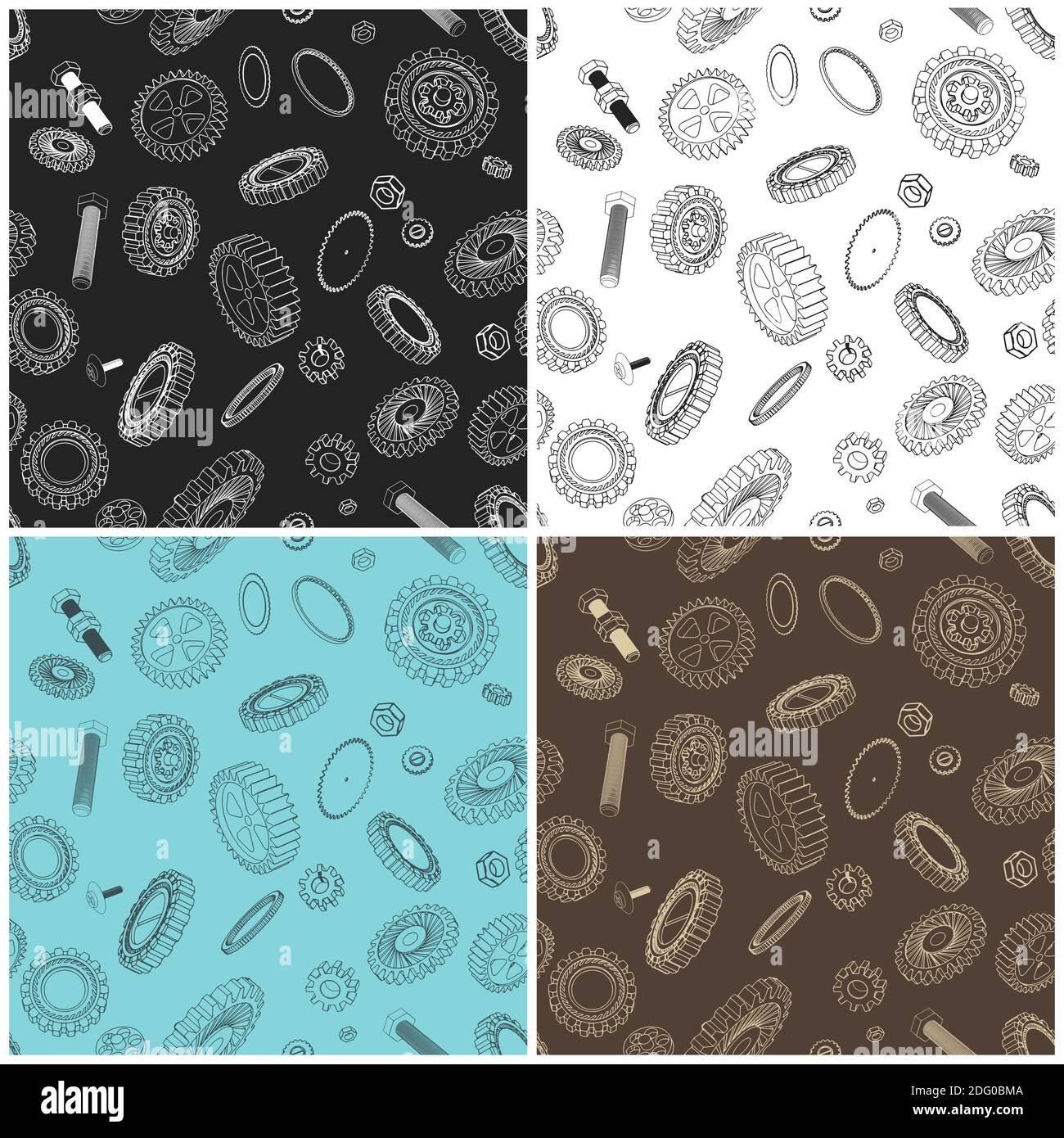 Stylized vector illustration of various gears, washers, bolts and nuts. Illustrations are seamless in all directions if needed Stock Vector