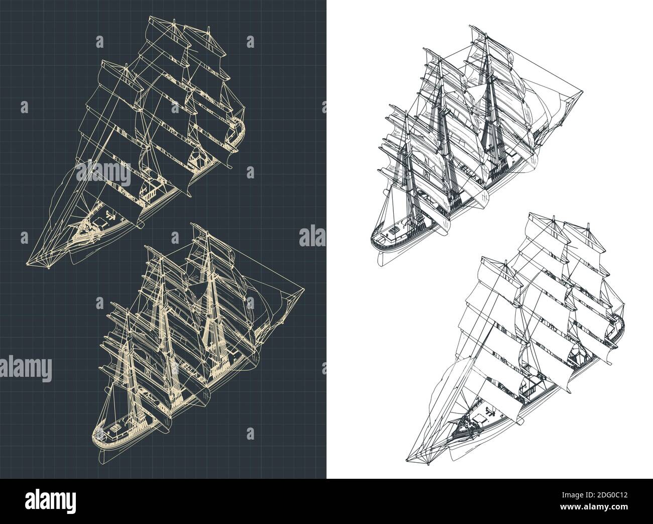 Stylized vector illustration of a large three-masted sailing ship isometric drawings Stock Vector