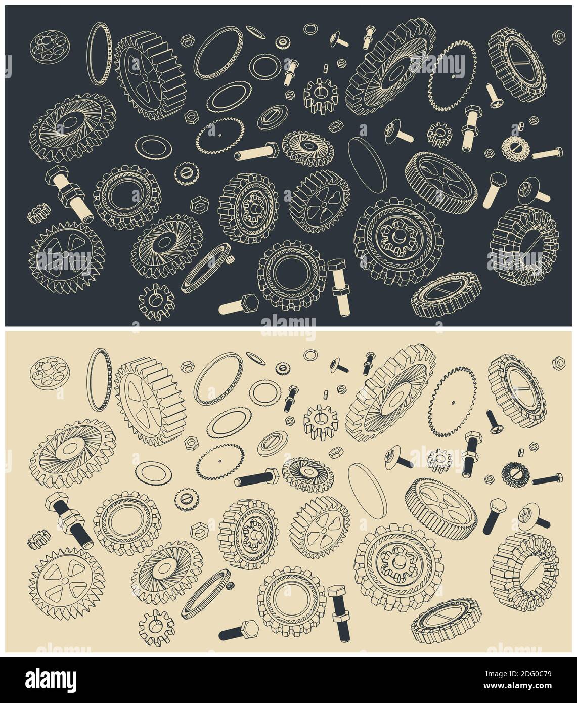 Stylized vector illustration set of various gears, washers, bolts and