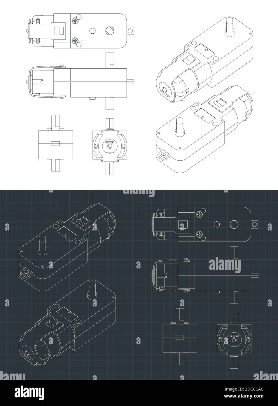 Stylized vector illustration on the theme of microelectronics. Geared Motor DC drawings Stock Vector