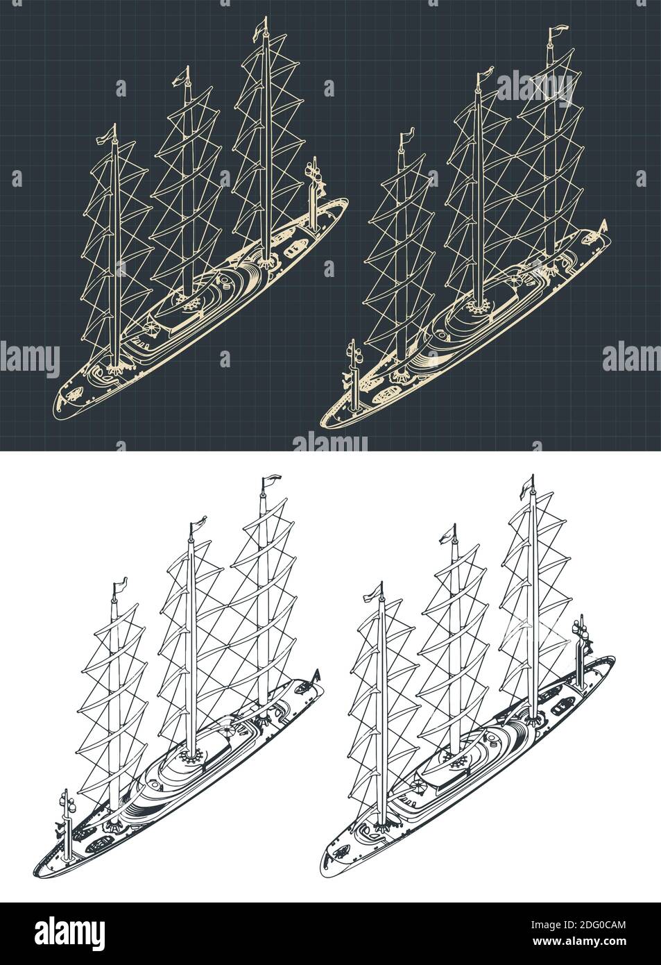 Stylized vector illustration of a large modern three-masted sailing ship isometric drawings with the sails down Stock Vector