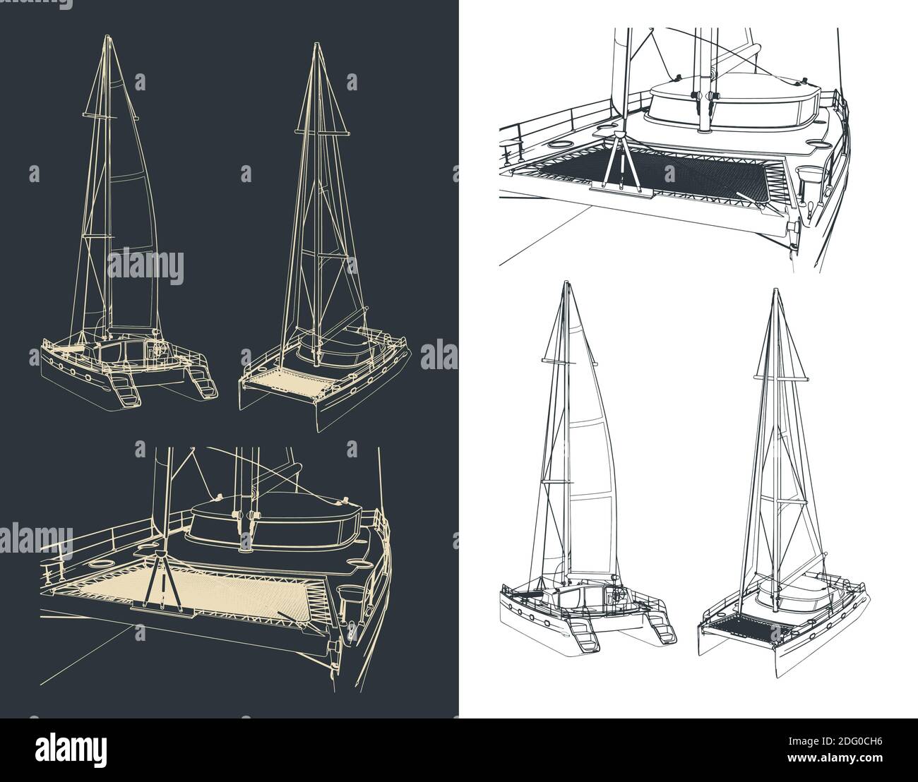 Stylized vector illustration of drawings of a sailing catamaran Stock