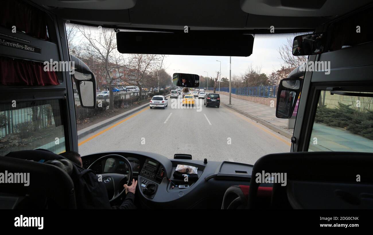 Ankara, Turkey - January 9, 2020: City bus rides from the airport. Stock Photo