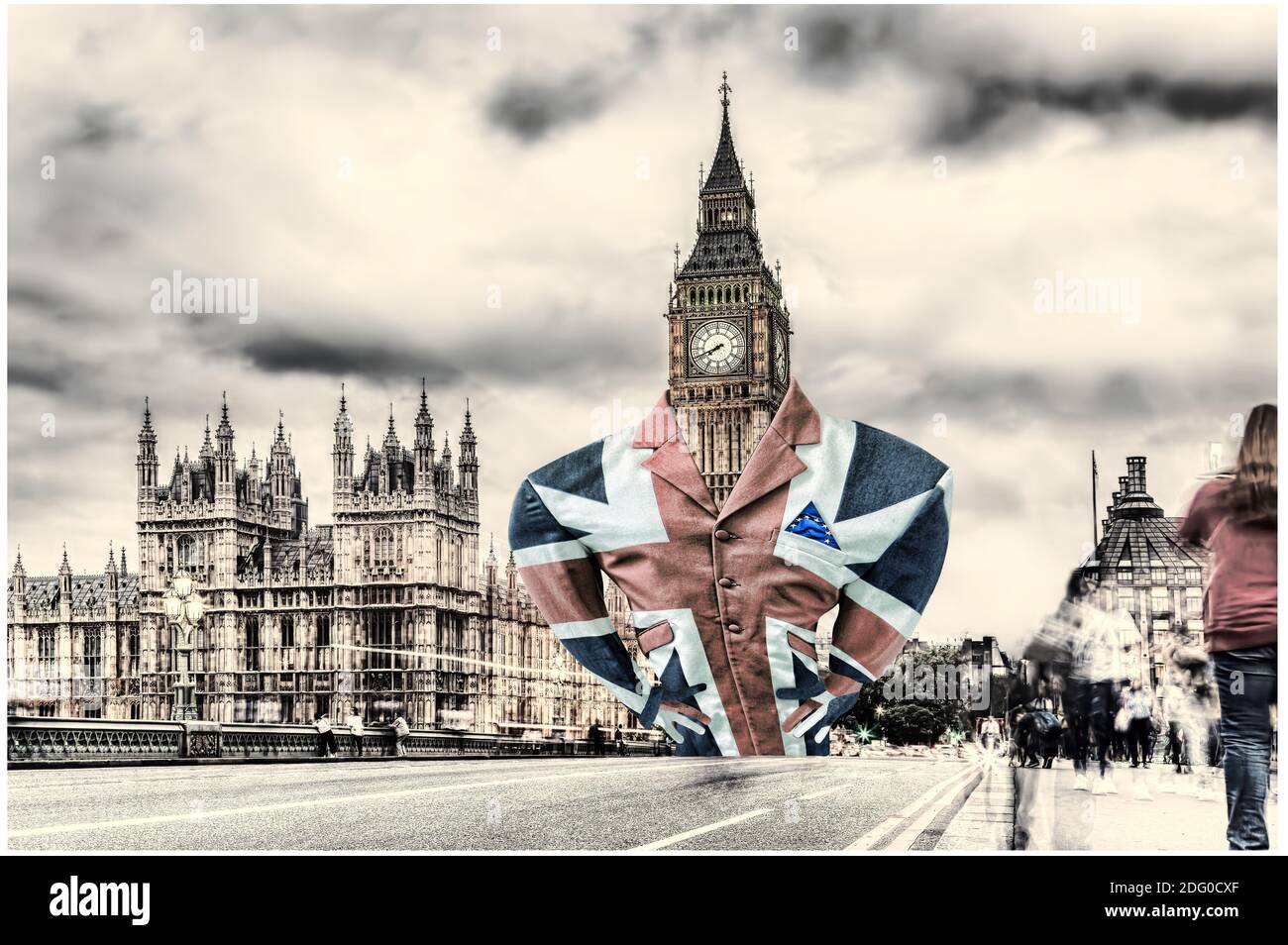 Lord Big Ben dressed in a flag of England, Brexit deal with EU or not deal, United Kingdom Stock Photo