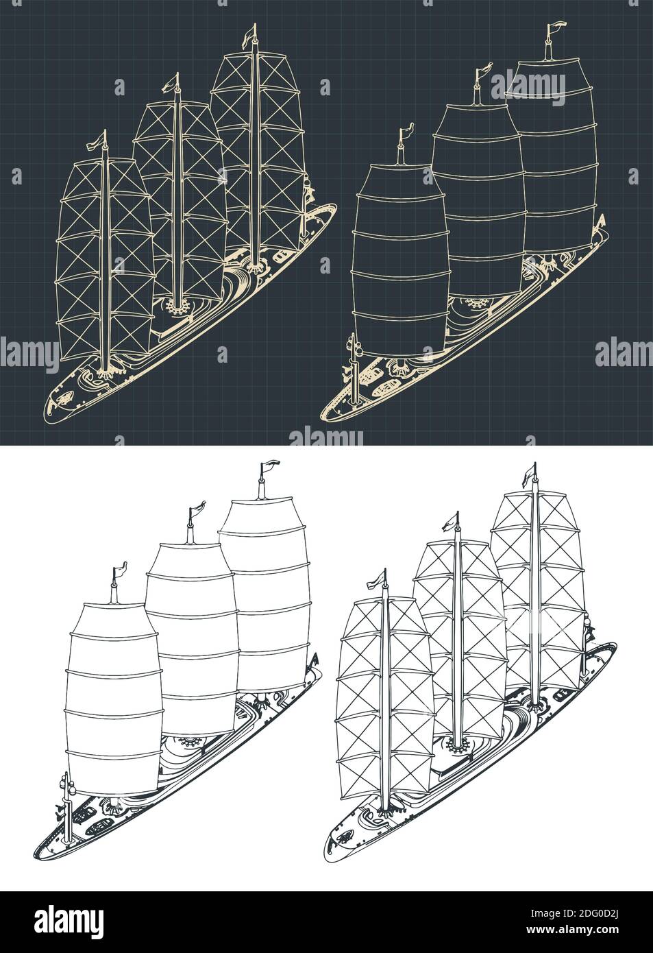 Stylized vector illustration of a large modern three-masted sailing ship isometric drawings Stock Vector