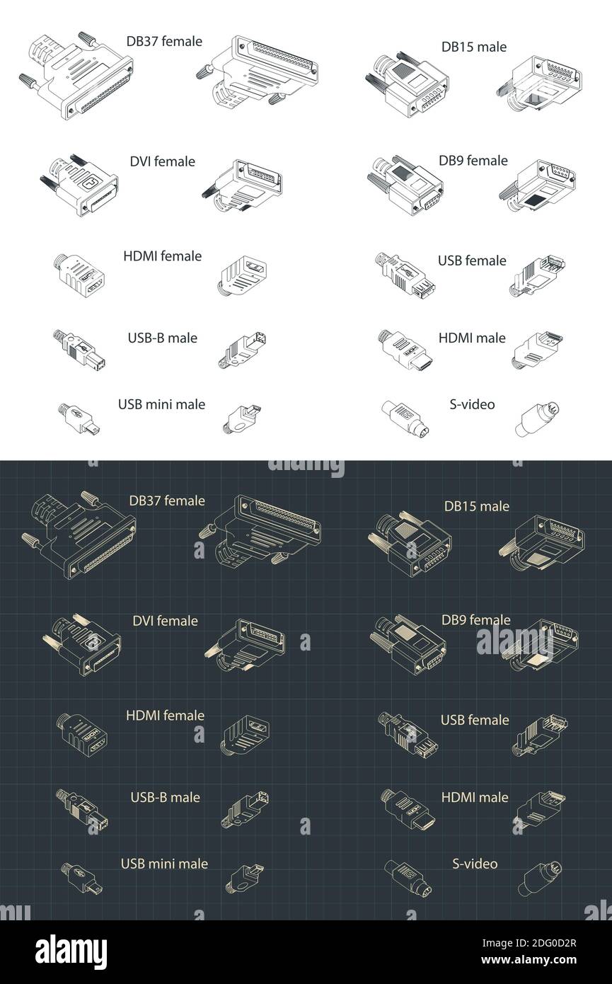 Stylized vector illustration of an Interface Plug-and-sockets isometric drawing mini set Stock Vector