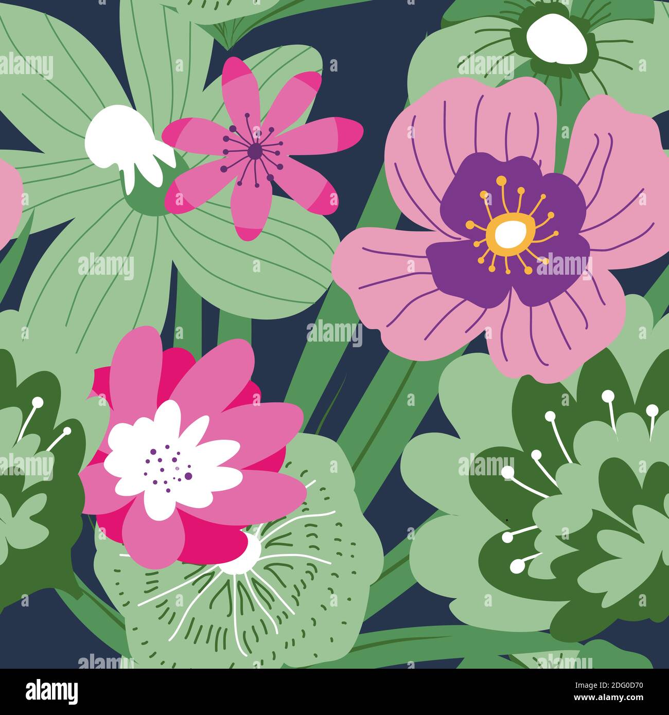 Tropical blooming flowers and leaves pattern Stock Vector