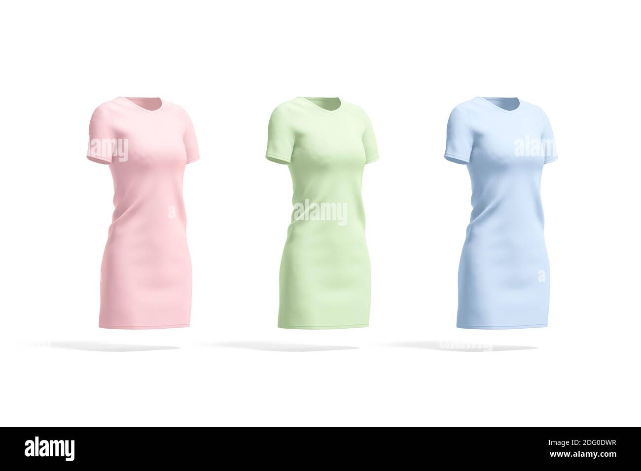 Blank colored cloth dress mockup set, side view, 3d rendering. Empty pink,  green and blue casual midi frock mock up, isolated. Clear elegant female cl  Stock Photo - Alamy