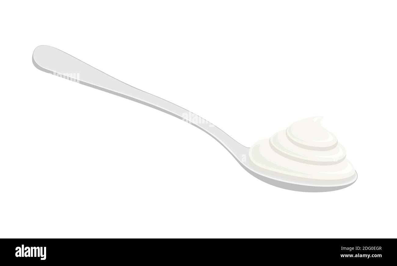 Metal spoon with greek yogurt, sour cream or whipped cream isolated on white background. Dairy based dessert or souce. Vector illustration. Stock Vector