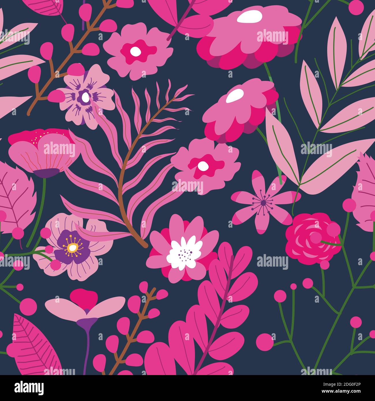 Pink decorative flowers and leaves pattern vector Stock Vector