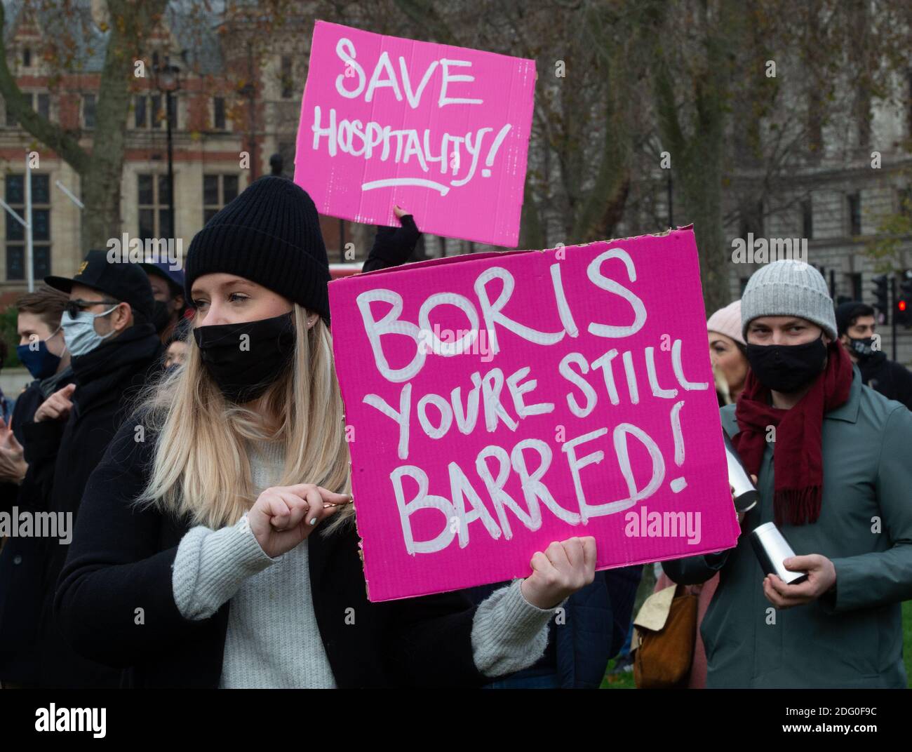 London, UK. 7th Dec, 2020. Hospitalty workers demonstrate outside Parliament against the governments tier system. Credit: Mark Thomas/Alamy Live News Stock Photo